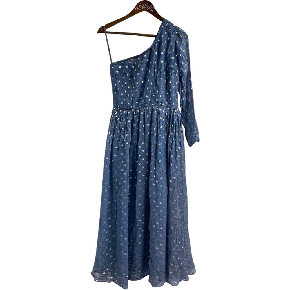 DEA Dress Blue With Gold Polka Dots One Long Sleeve Midi Size 4 Made in India